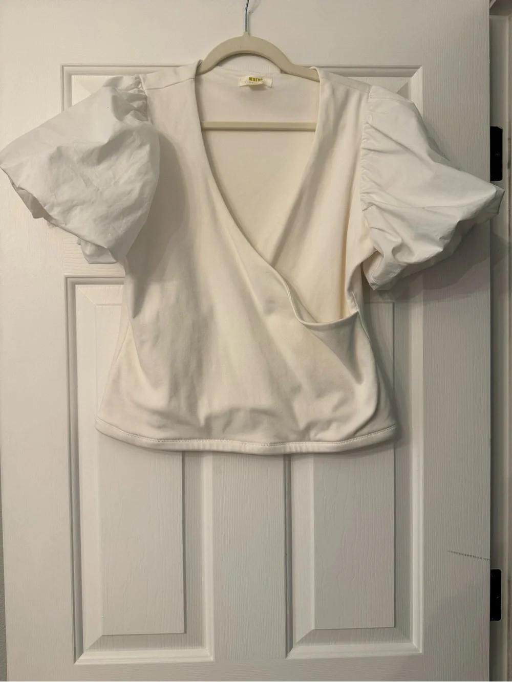 Maeve Anthropologie White Puff Sleeve Wrap Top, Size LP